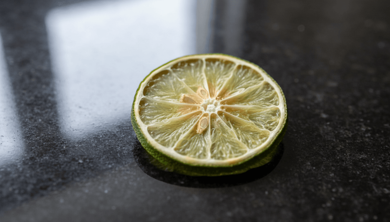 Stack of dehydrated lime coins on a wooden board
