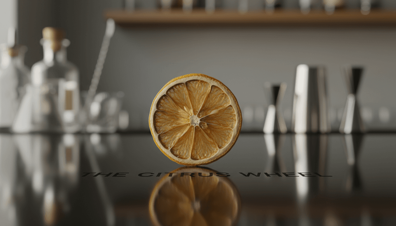 Close-up of a premium dehydrated lemon wheel garnish on a reflective surface.