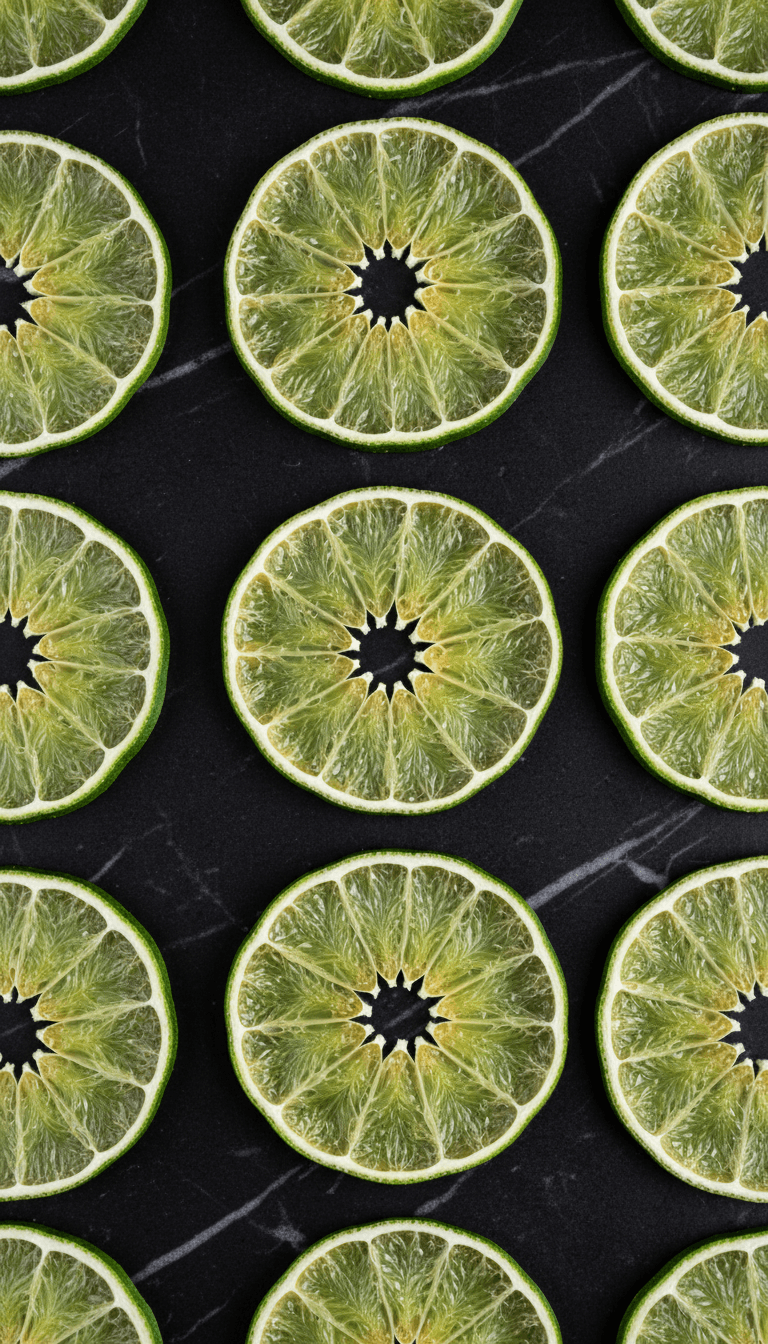 Vibrant green dehydrated lime slices in a pattern on black marble.