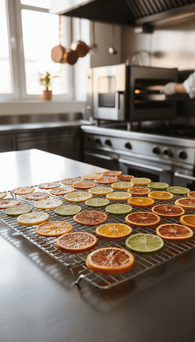 Sliced citrus arranged on a drying rack in a commercial kitchen