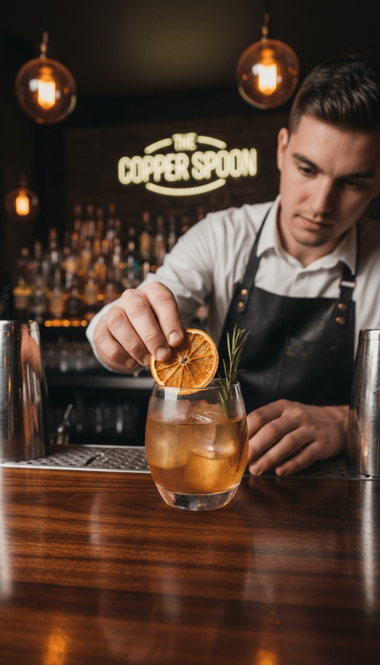 Bartender garnishing a cocktail with a dehydrated orange wheel
