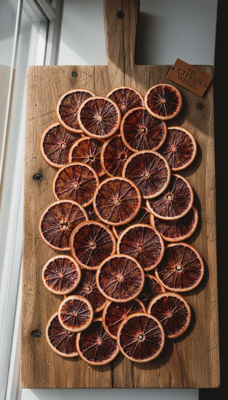 Dehydrated blood orange rings on wooden board, softly lit by window light.