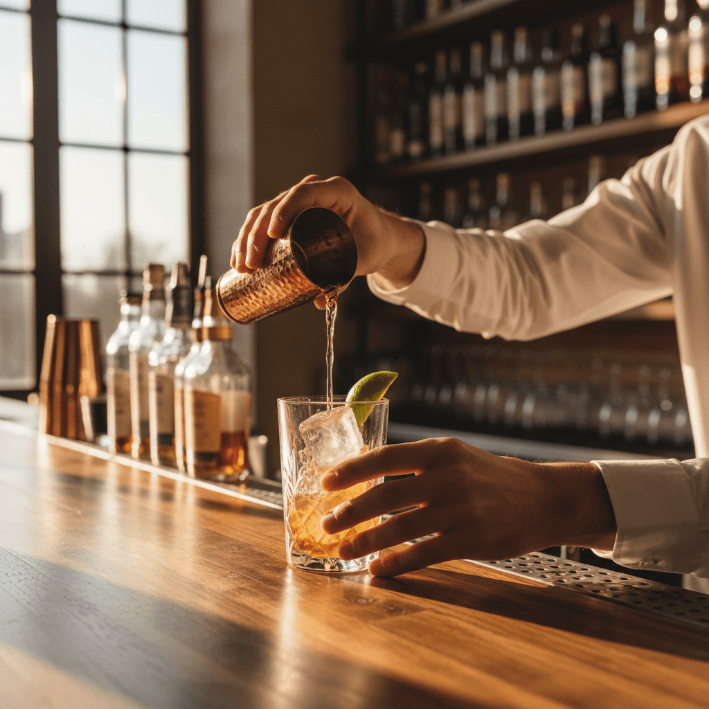 Bartender placing a dehydrated citrus garnish on a cocktail, dim ambient bar lighting