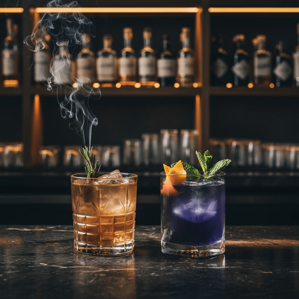 Bartender placing a dehydrated citrus garnish on a cocktail at a dimly lit bar with warm lighting