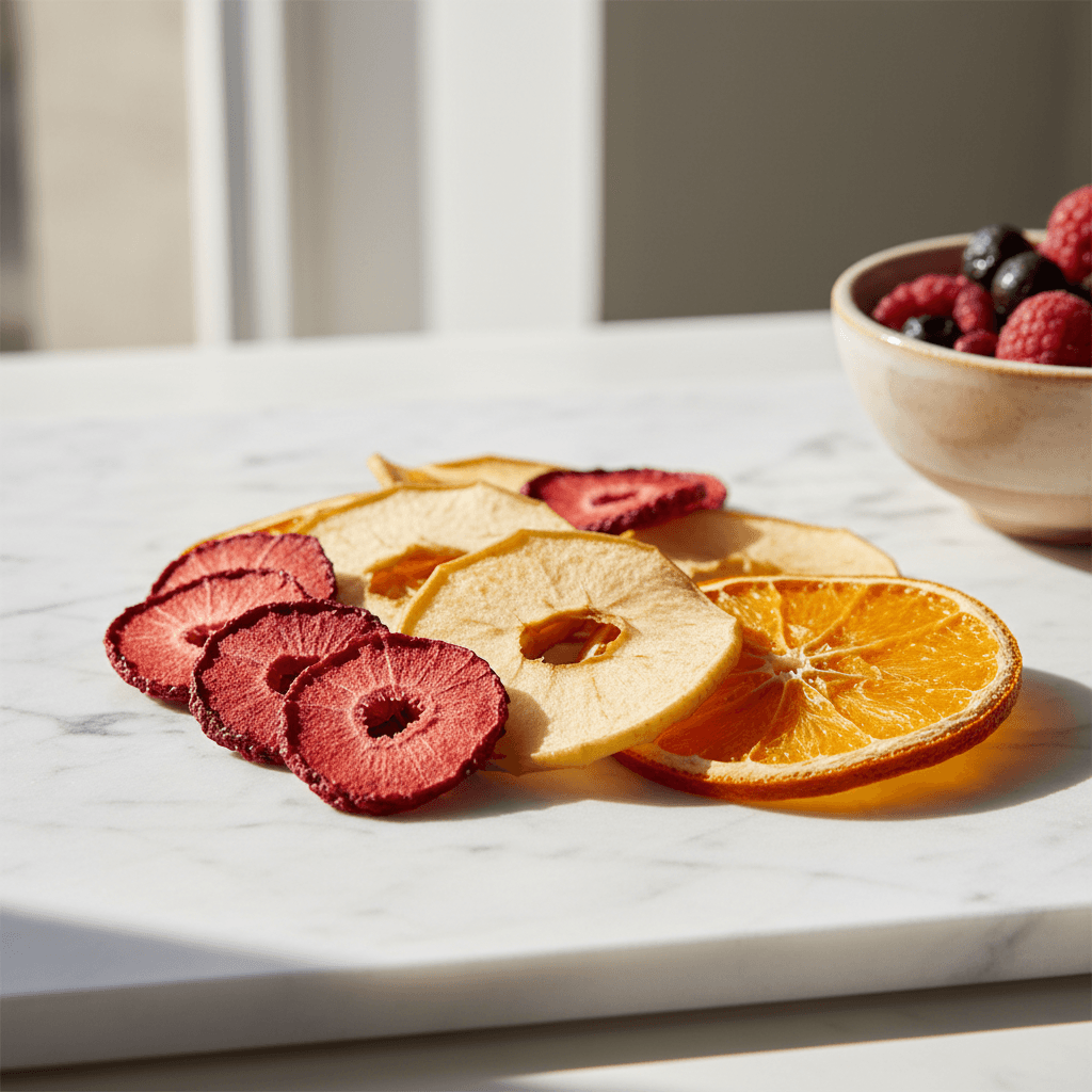 Thin orange slices laid flat on drying rack, even colour and size across the batch