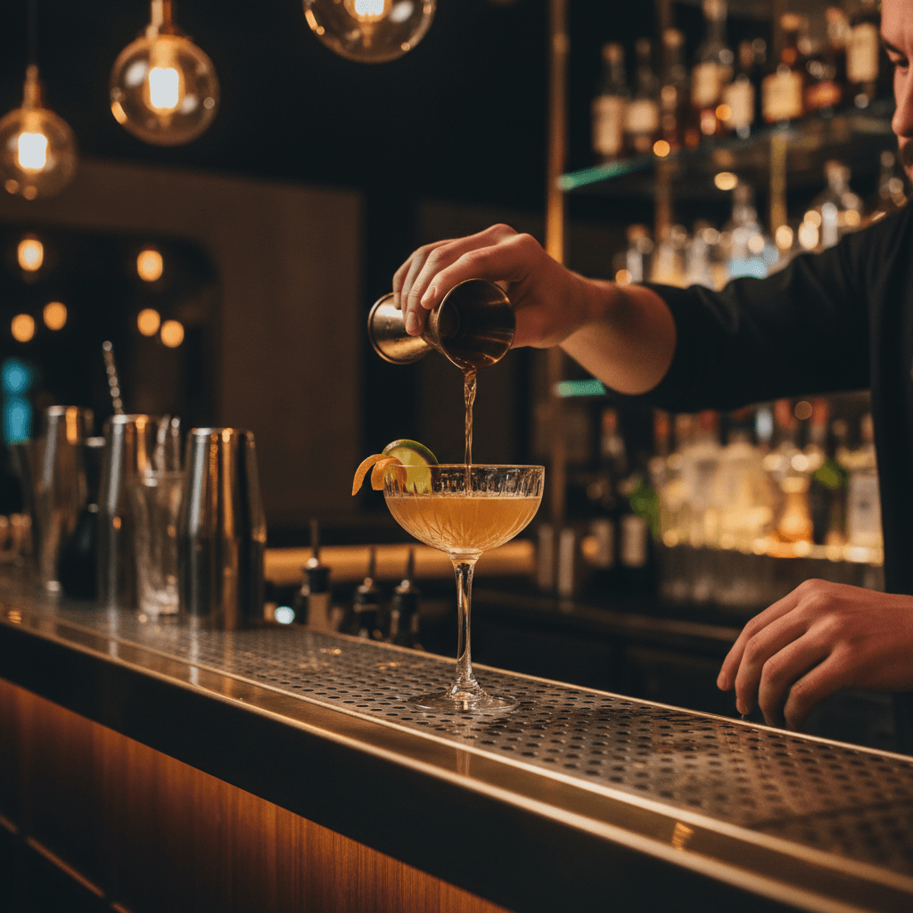 Cocktail with dehydrated citrus garnish on dark bar surface