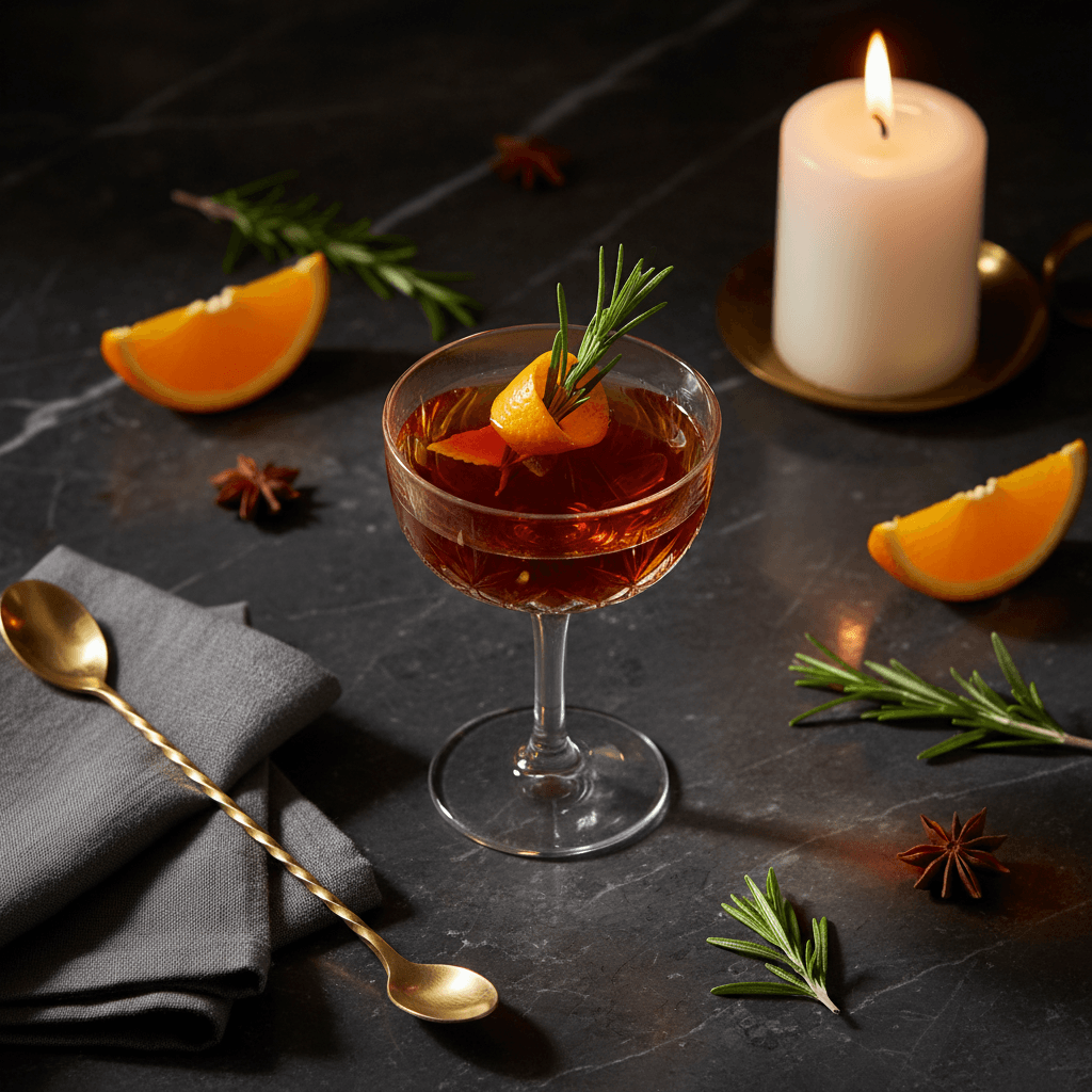 A cocktail with a dehydrated lemon wheel garnish on top in a dimly lit bar