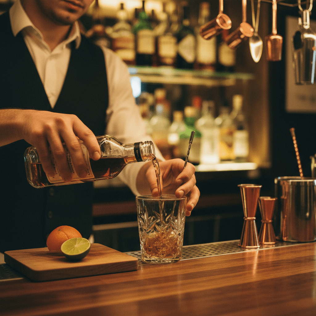 Bartender placing a dehydrated orange disc on a chilled martini glass, clean motion